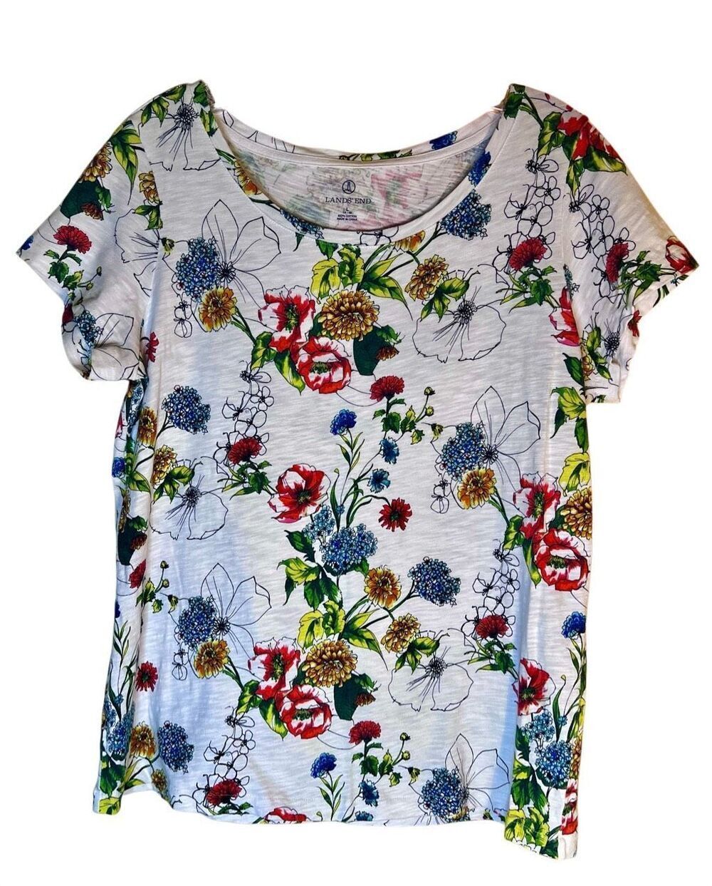 Lands’ End White Floral Botanical Short Sleeve Size Large